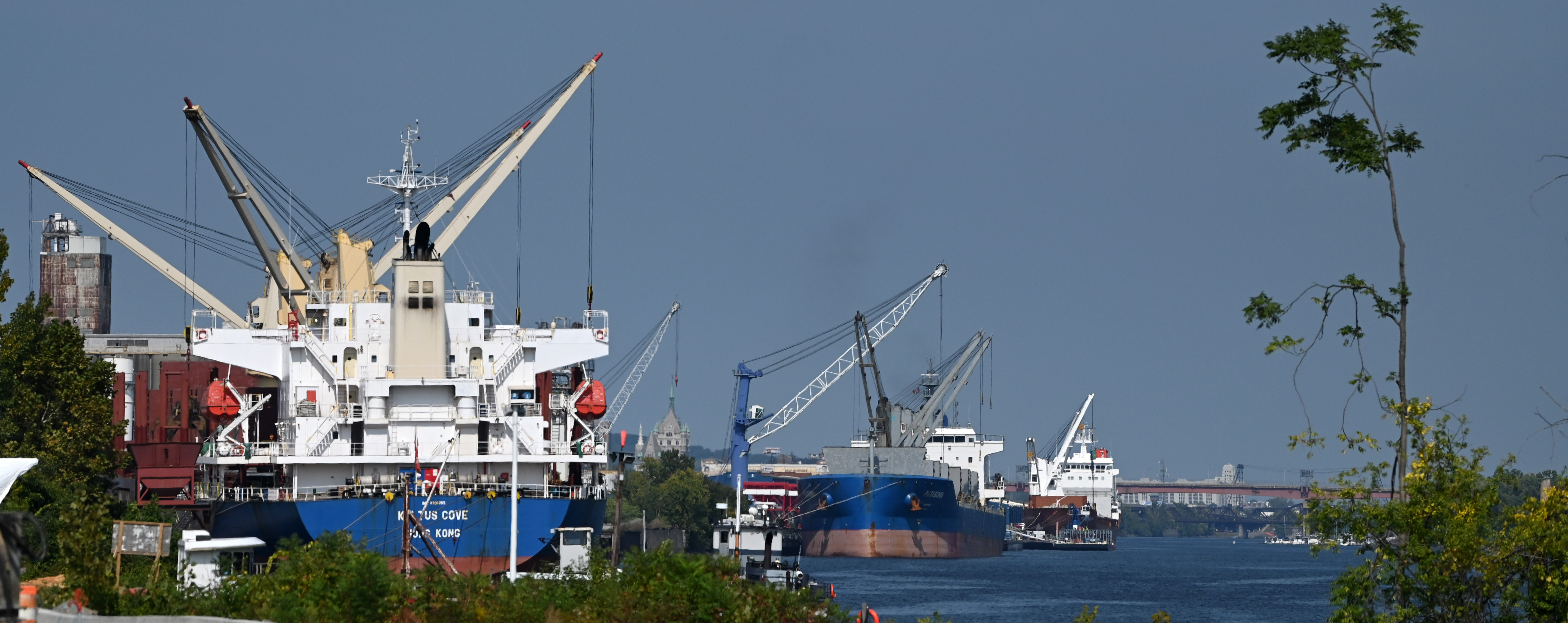 A handful of boats and cranes along a river
