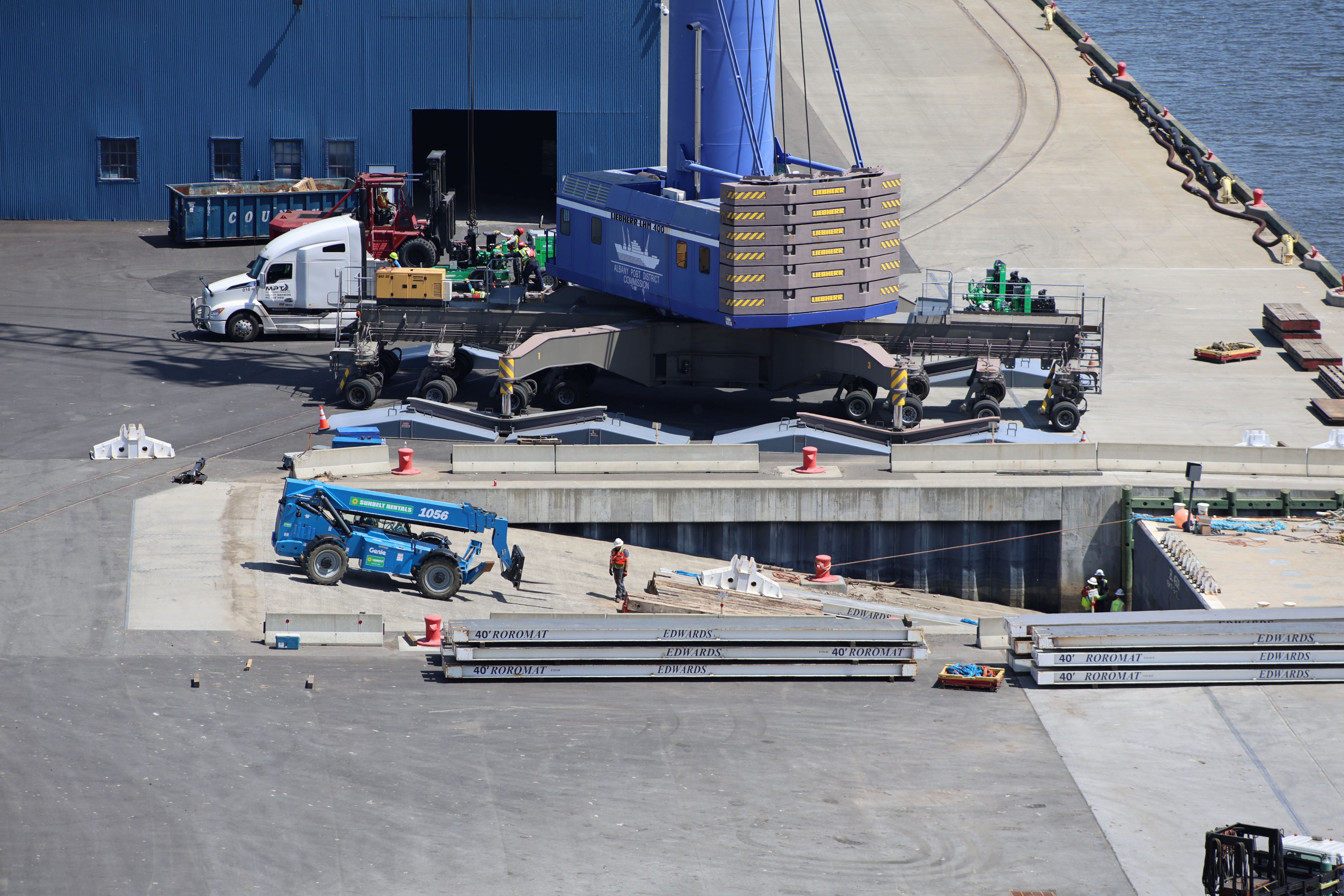 An overhead view of the completed dock system featuring the roll-on, roll-off capabilities