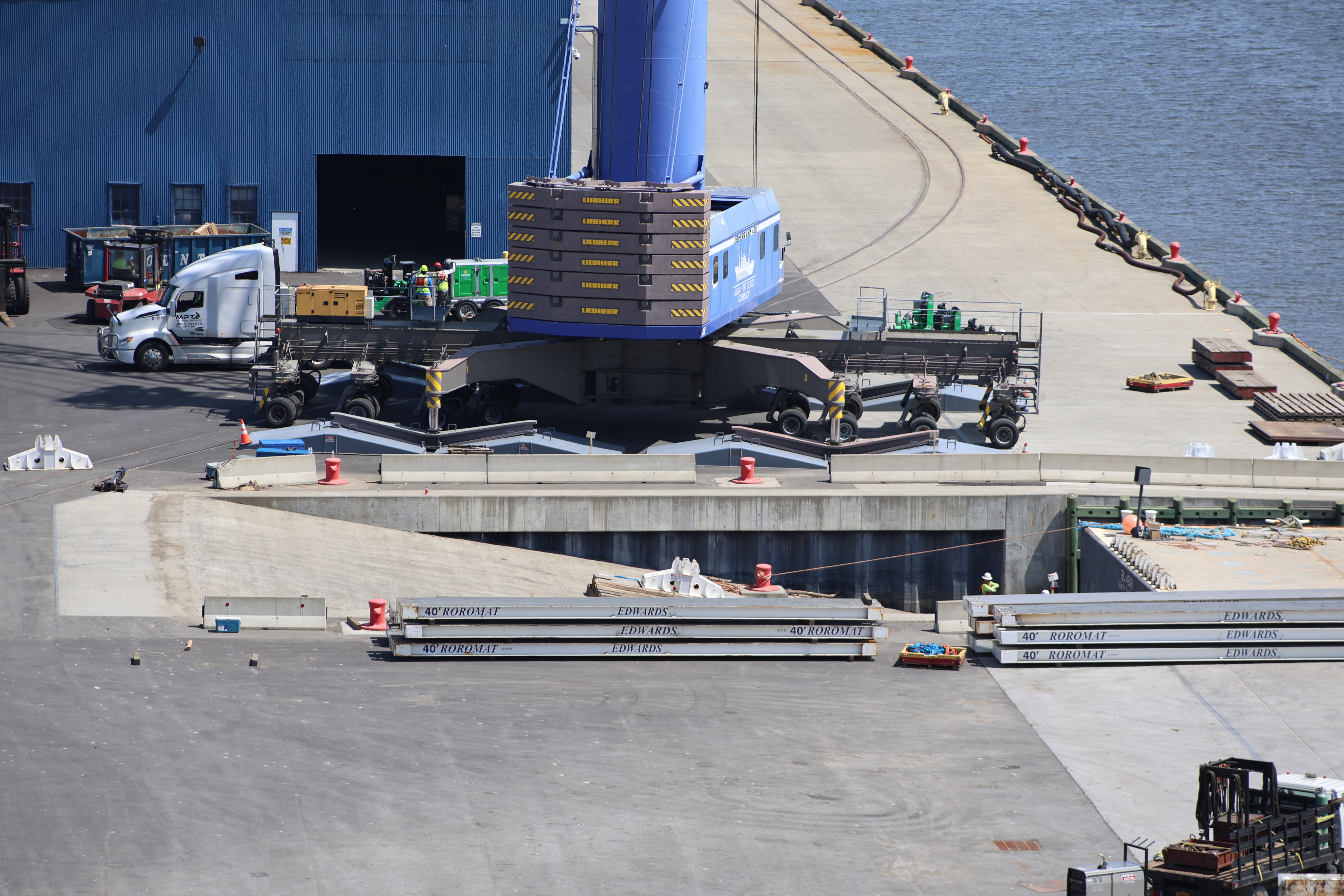 RO/RO with barge docked and base of crane