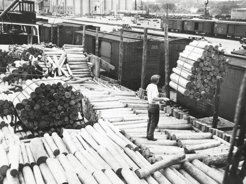 Black and white photo of a lumber shipment being received