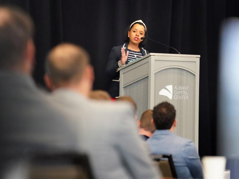Albany Mayor Dr. Dorcey Applyrs at the podium at the Port's 2026 Maritime Summit 