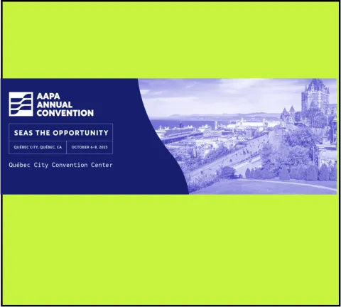 AAPA convention promotional banner in blue on lime green field