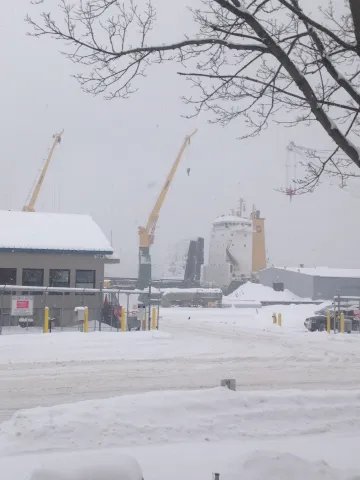 View of a ship at dock and the maritime terminal in winter with bare tree branches in the foreground