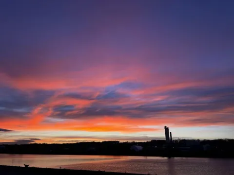 red and purple sunrise looking toward the east
