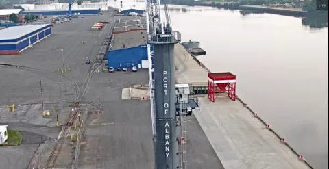 bird's eye view of the mobile crane, Hudson River, and maritime terminal 