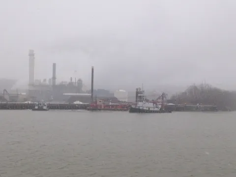 View of the Hudson River and Rensselaer through the snow