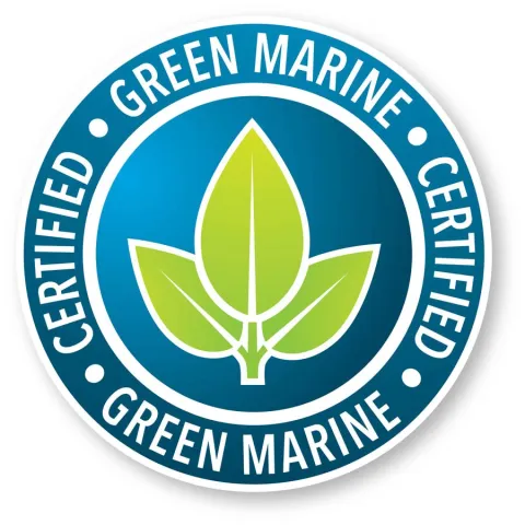 Green Marine logo with illustration of three green leaves on a stem on a field of blue